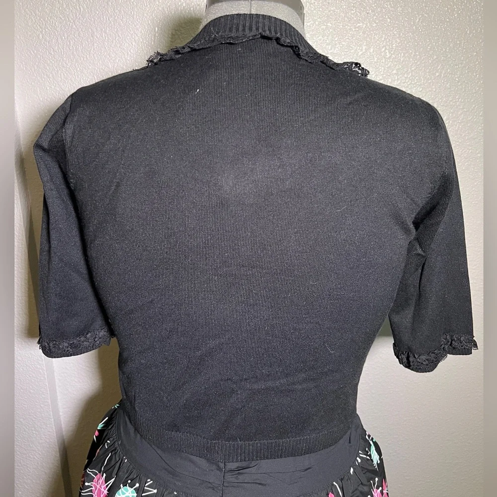 Sourpuss Black Form Fitting Cardigan with Aqua Starburst and Lace Sz XL NWT - Picture 2 of 10